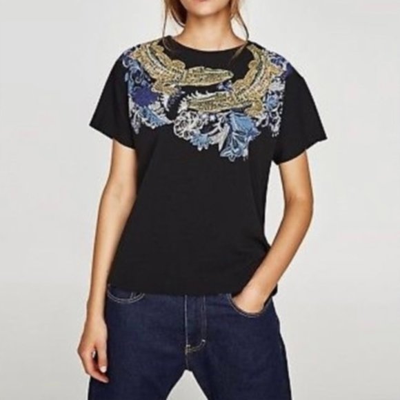Zara Black Shirt with Blue & Gold Alligator Design - Picture 1 of 3